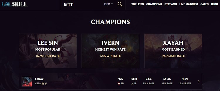 Screenshot do site LOLSKILL.