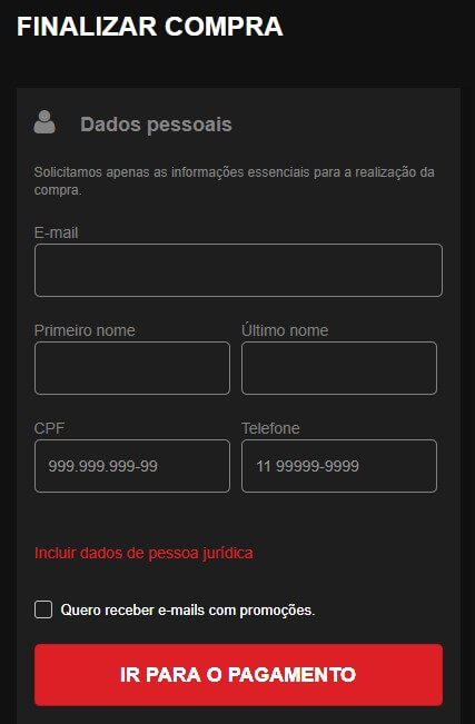 Tela para preencher dados pessoais no processo de compra do site da Shopinfo.