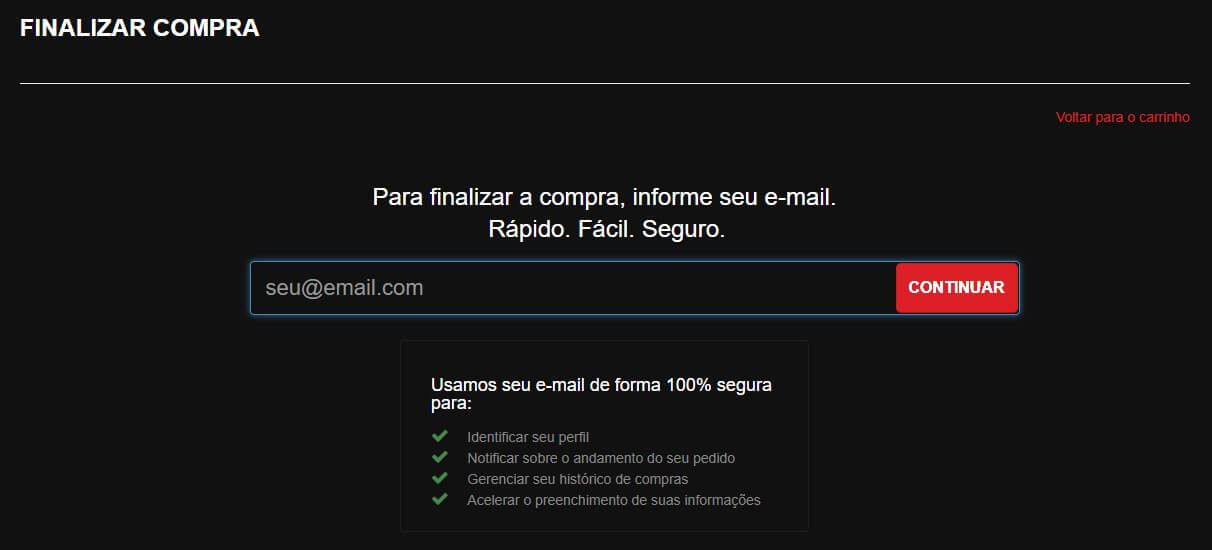 Tela para preencher e-mail no processo de compra do site da Shopinfo.