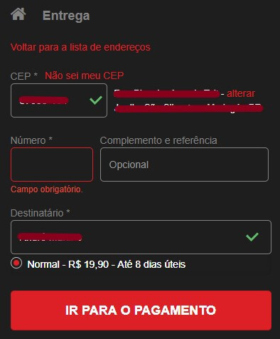 Tela para preencher dados de entrega no processo de compra do site da Shopinfo.