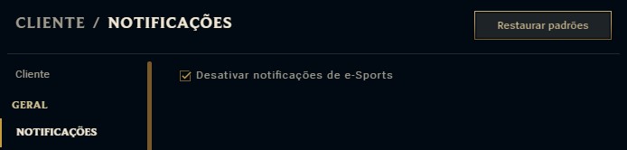 Tela de configuração de notificações.