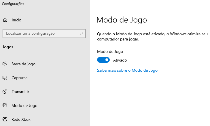 Screenshot das configurações do Modo de Jogo do Windows.