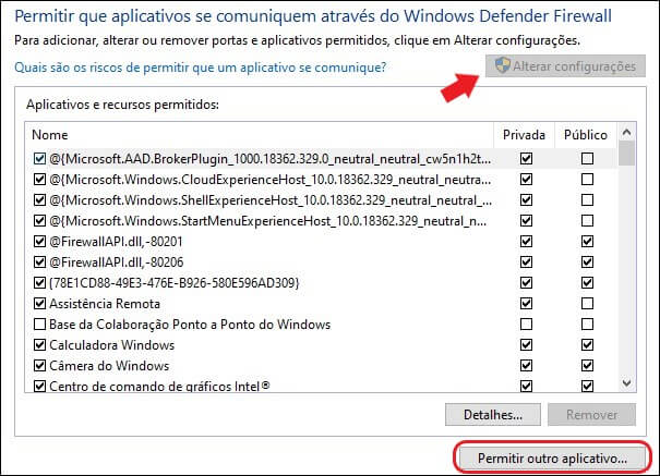 Janela de permissão de outros aplicativos no firewall do Windows.