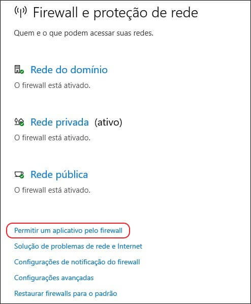 Janela de configurações de firewall do Windows.