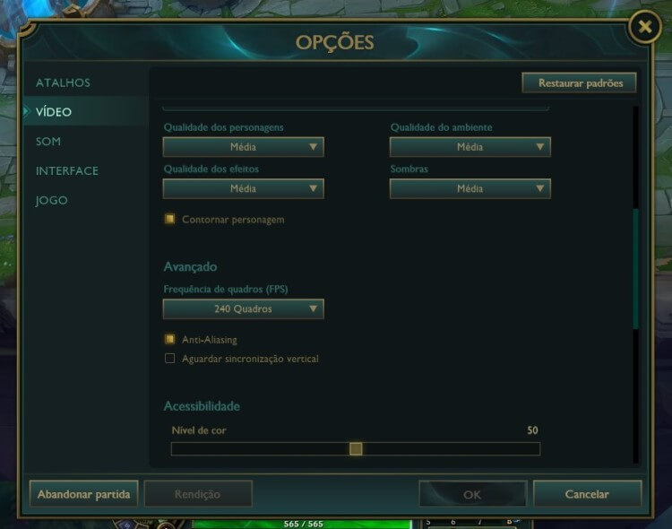 Detalhe da configuração de frequência de quadros do LoL.