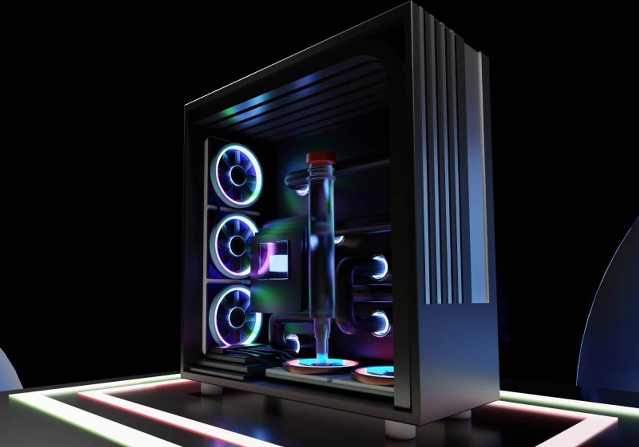 gabinete de pc em fundo preto em cima de suporte com led 