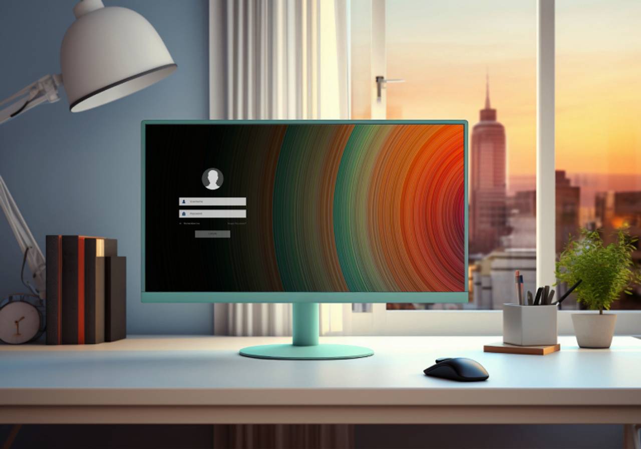 monitor moderno na mesa elegante com fundo de janela aberta 