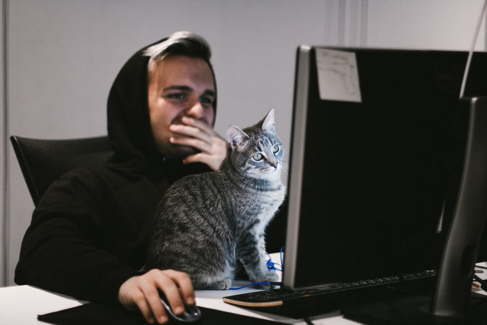 Um PC gamer preocupado e seu gato, em frente ao computador.