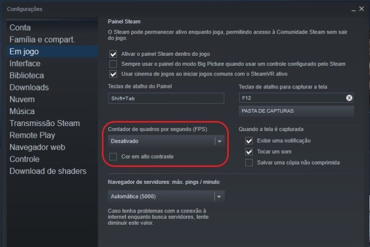 Contador de quadros por segundo (FPS) nas opções da Steam.