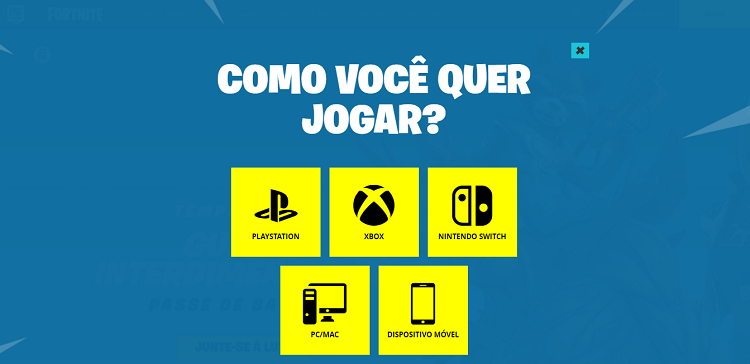 Tela do Fortnite para escolher qual plataforma jogar.