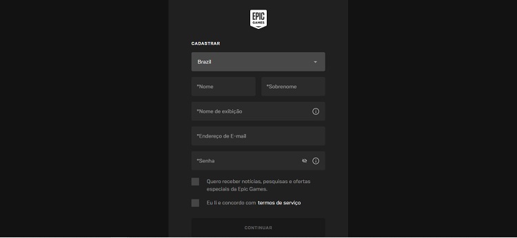 Tela de cadastro do jogo Fortnite.