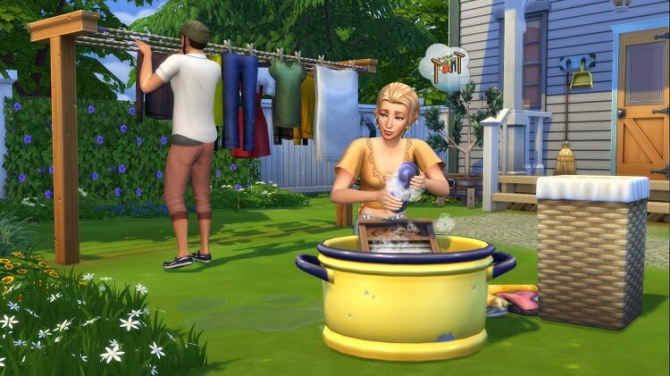 Frame de The Sims. Mulher lavando roupa e homem pendurando.