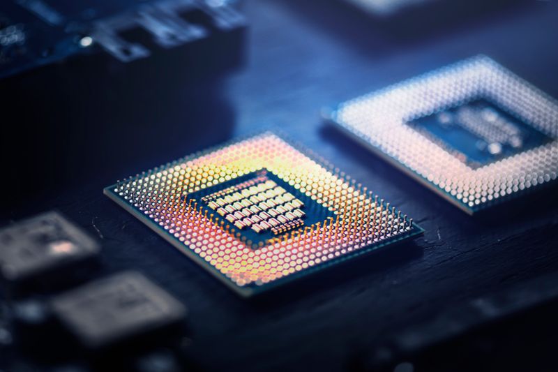 smart microchip background on a motherboard closeup technology