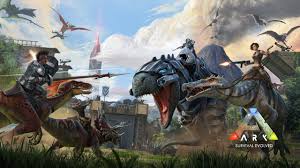 Personagens lutando com dinossauros em ARK