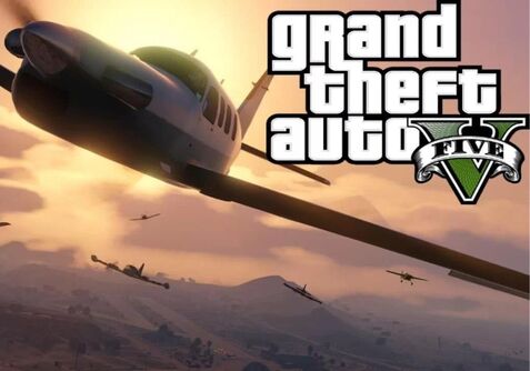 Imagem de avião em GTA V durante o pôr do sol