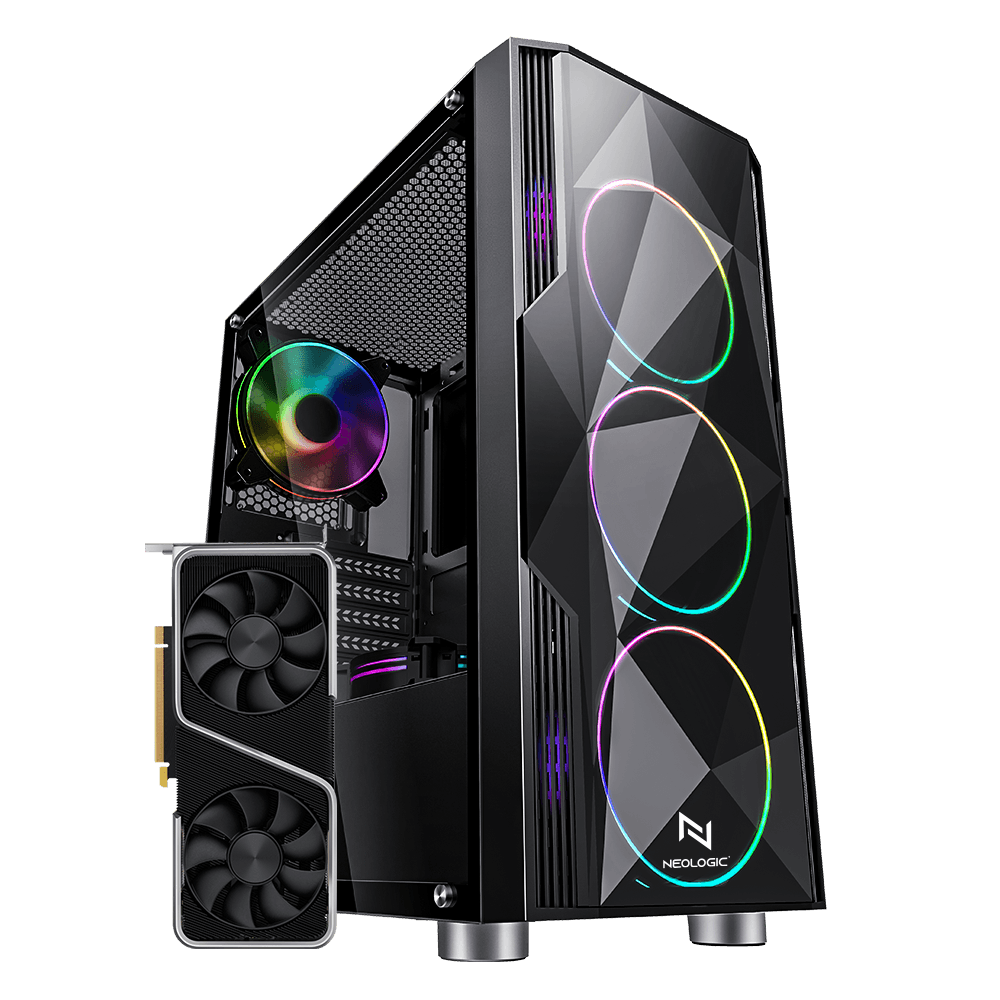 Gabinete de PC com iluminação RGB e placa de vídeo