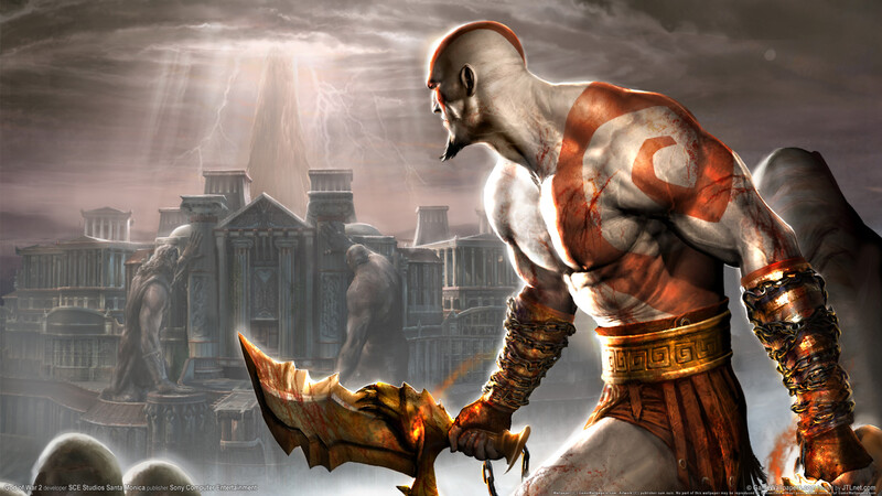 Kratos em batalha com cenário mitológico ao fundo