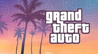 Logo do jogo Grand Theft Auto com palmeiras ao fundo