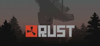 Logo do jogo Rust com fundo de floresta.