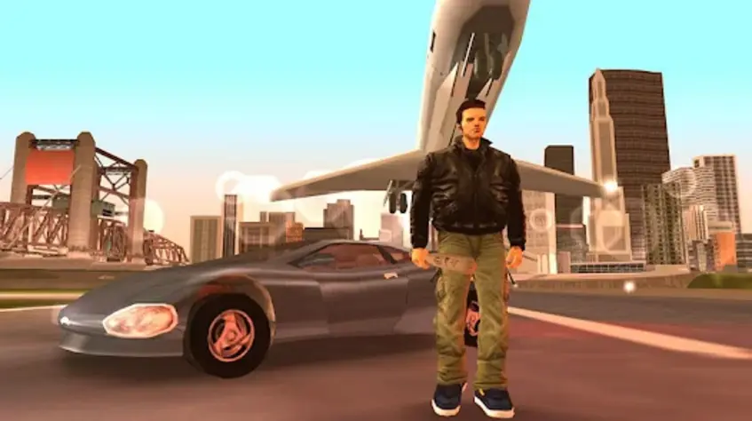 Personagem em frente a carro e avião em cenário urbano.