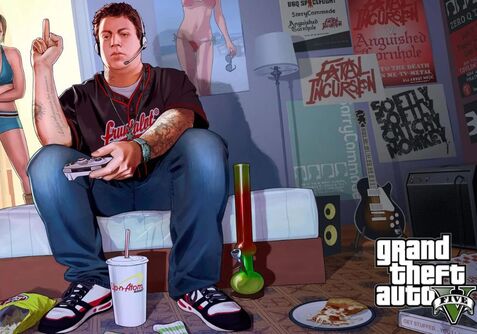 Personagem jogando videogame em ambiente descontraído