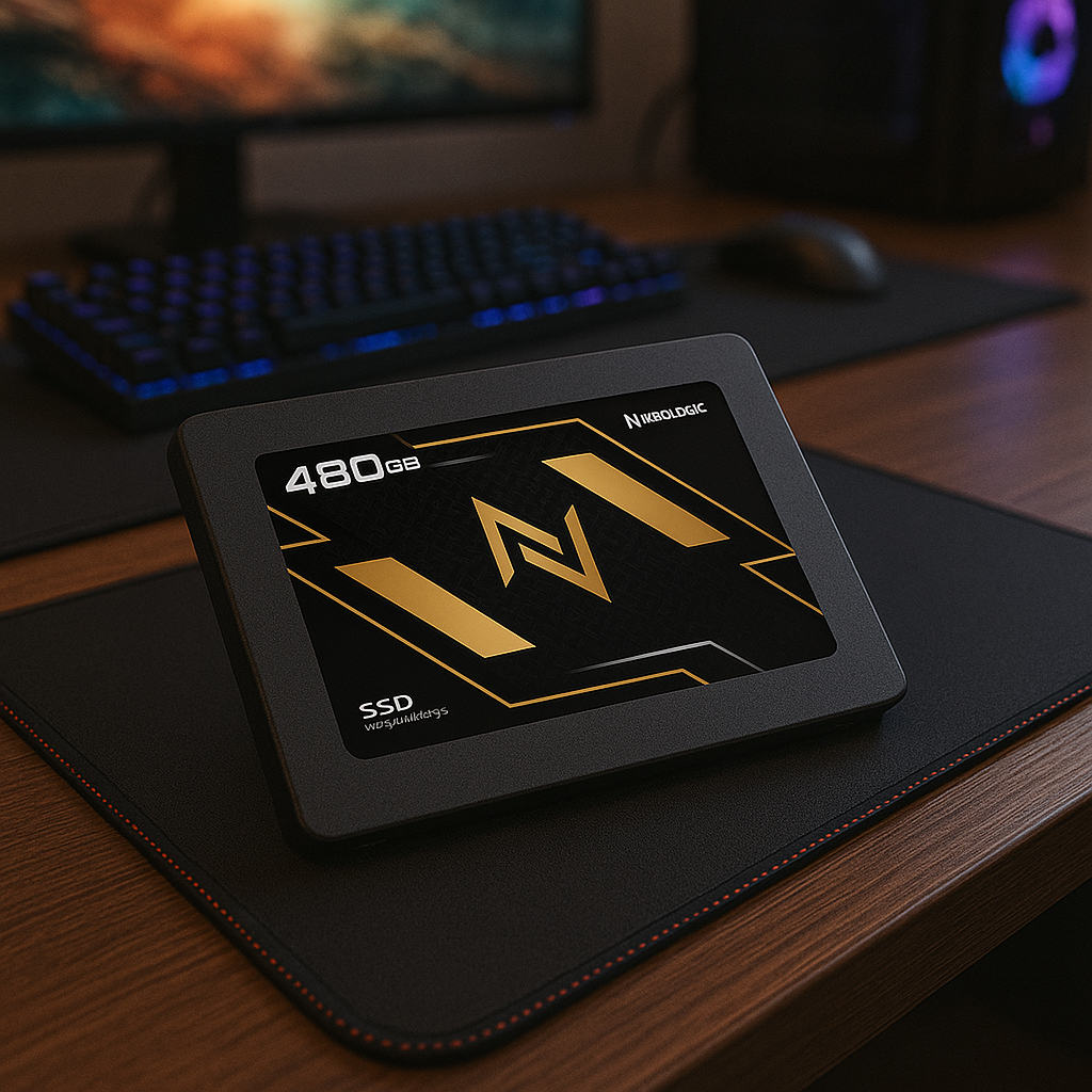 SSD Neologic NLTNDR480 de 480GB em cima de uma placa-mãe com slot M.2, pronto para instalação.