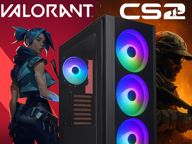 Imagem de um PC gamer com iluminação RGB, acompanhado por personagens do game Valorant, destacando a estética moderna e tecnológica.