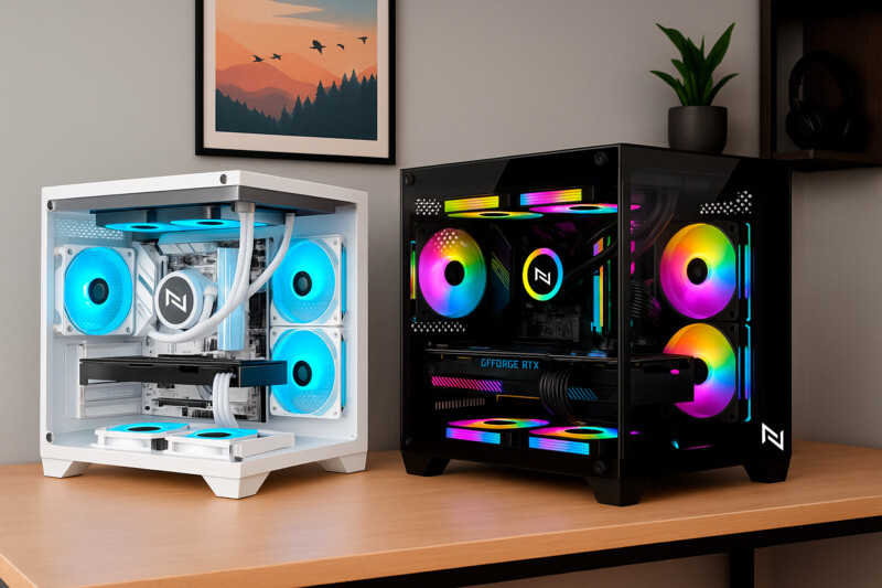 Gabinetes de computador modernos em ambientes distintos