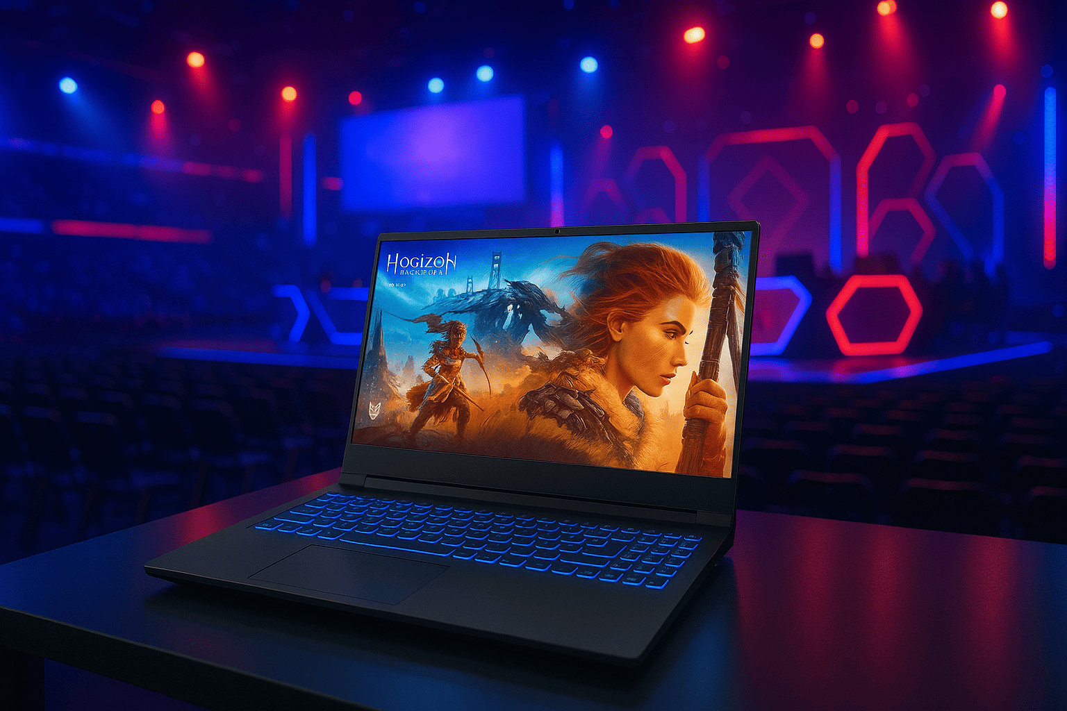 Laptop exibindo jogo Horizon em evento de eSports