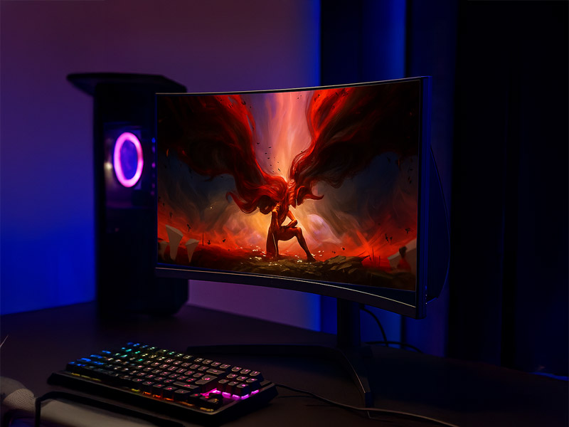 imagem do monitor neologic vortex ultra em uma mesa gamer