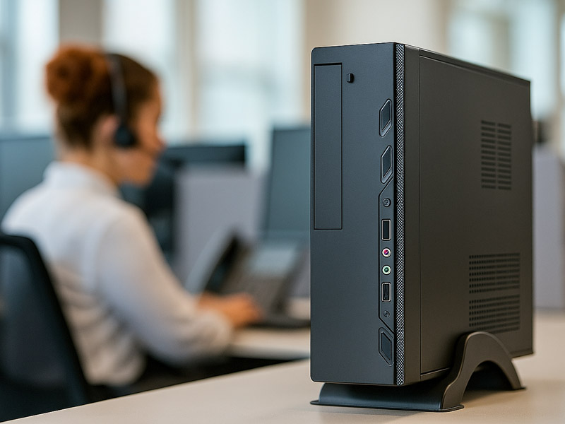 Estação de trabalho com PC corporativo Neologic ligado em ambiente empresarial, com colaborador digitando.