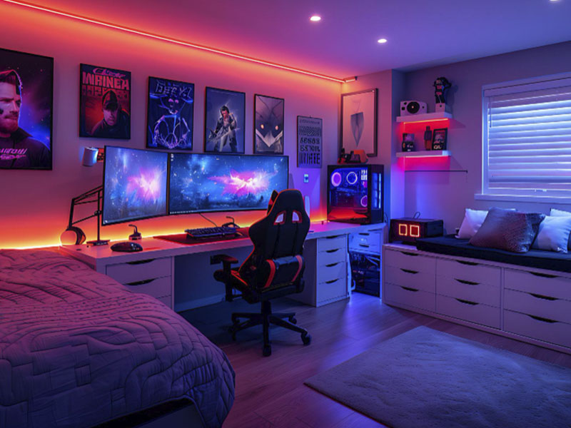 Quarto gamer com setup completo, incluindo cadeira ergonômica, dois monitores, gabinete com iluminação RGB e decoração temática de jogos e tecnologia.