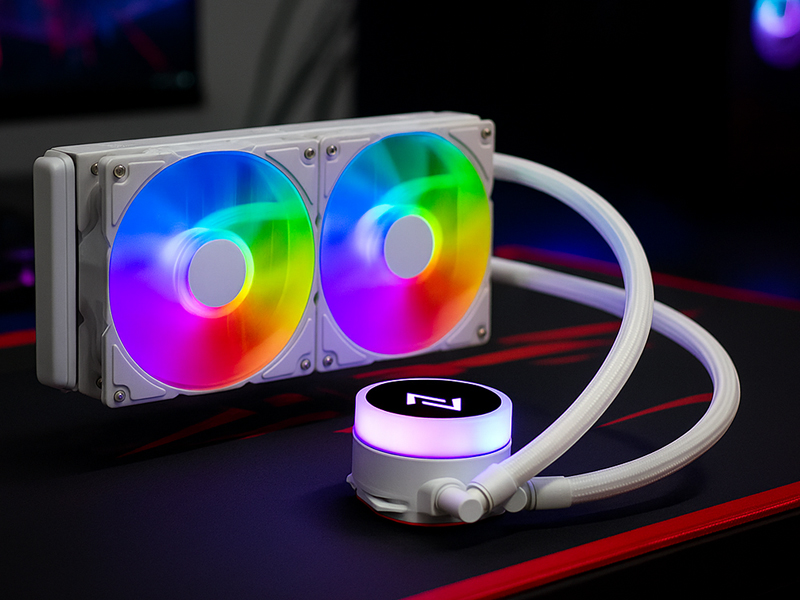 Water cooler Neologic Ice Storm com radiador branco de 240mm e iluminação RGB dupla em funcionamento sobre uma mesa gamer.