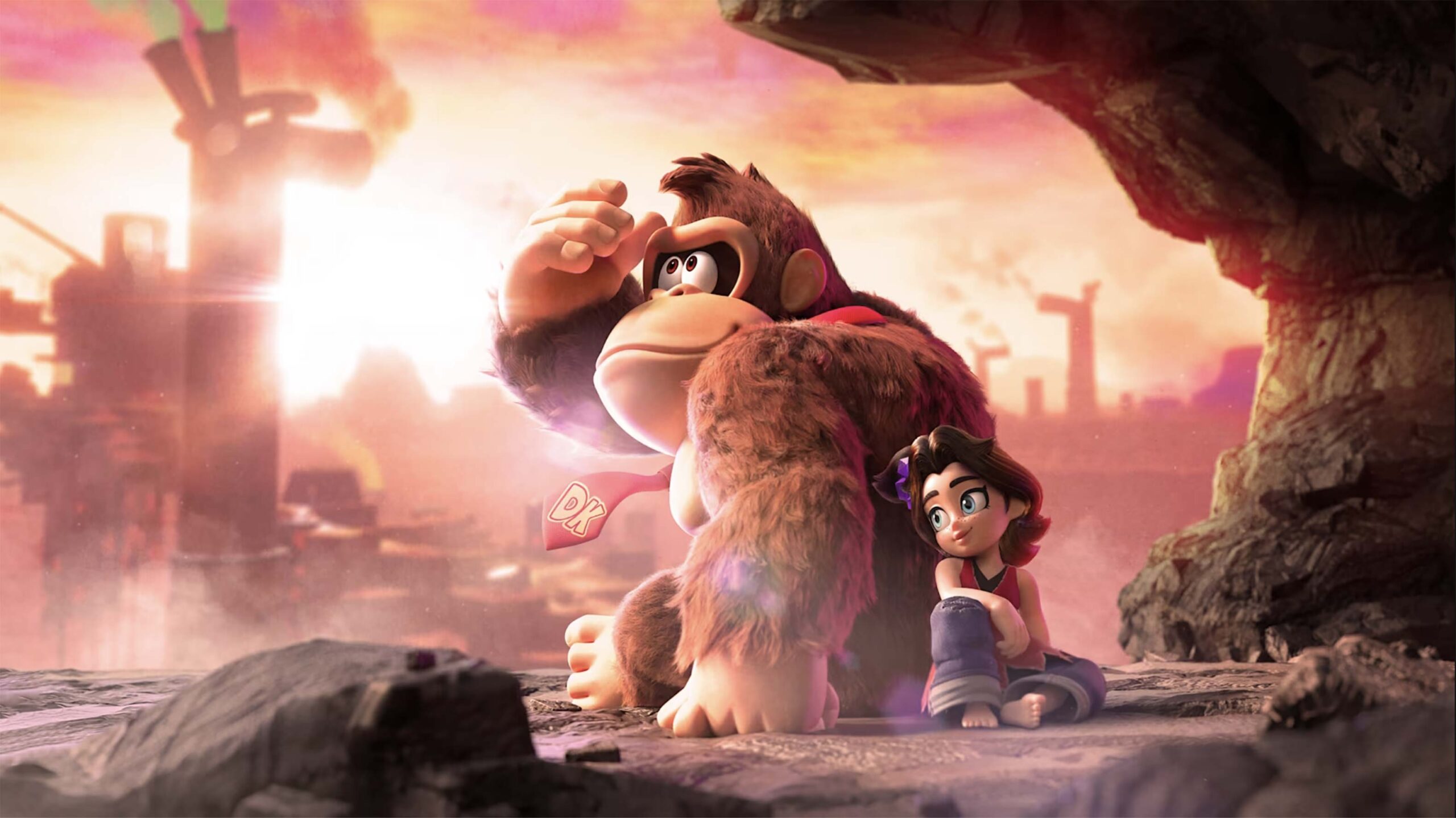 Donkey Kong em ação durante fase de trilhos no novo jogo Bananza