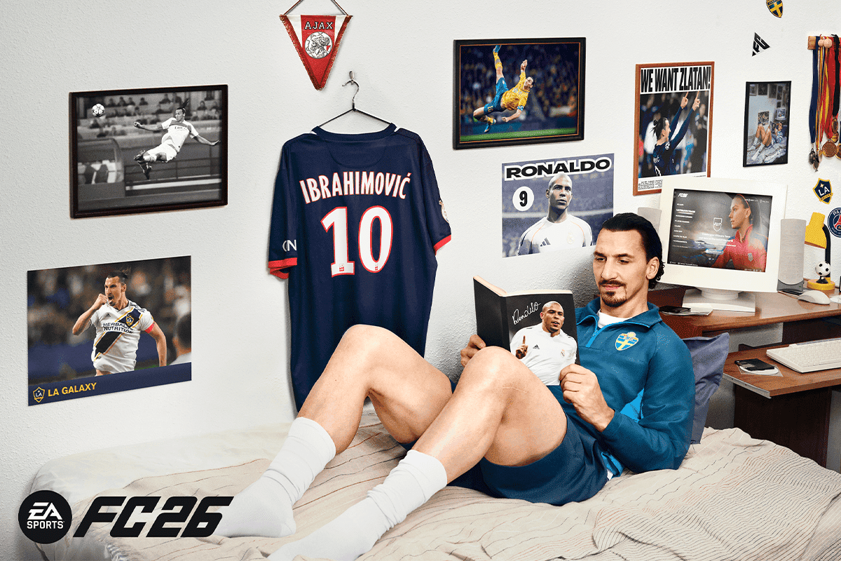 Capa EA SPORTS FC 26 com Zlatan Ibrahimovic, Jude Bellingham e Jamal Musiala em destaque