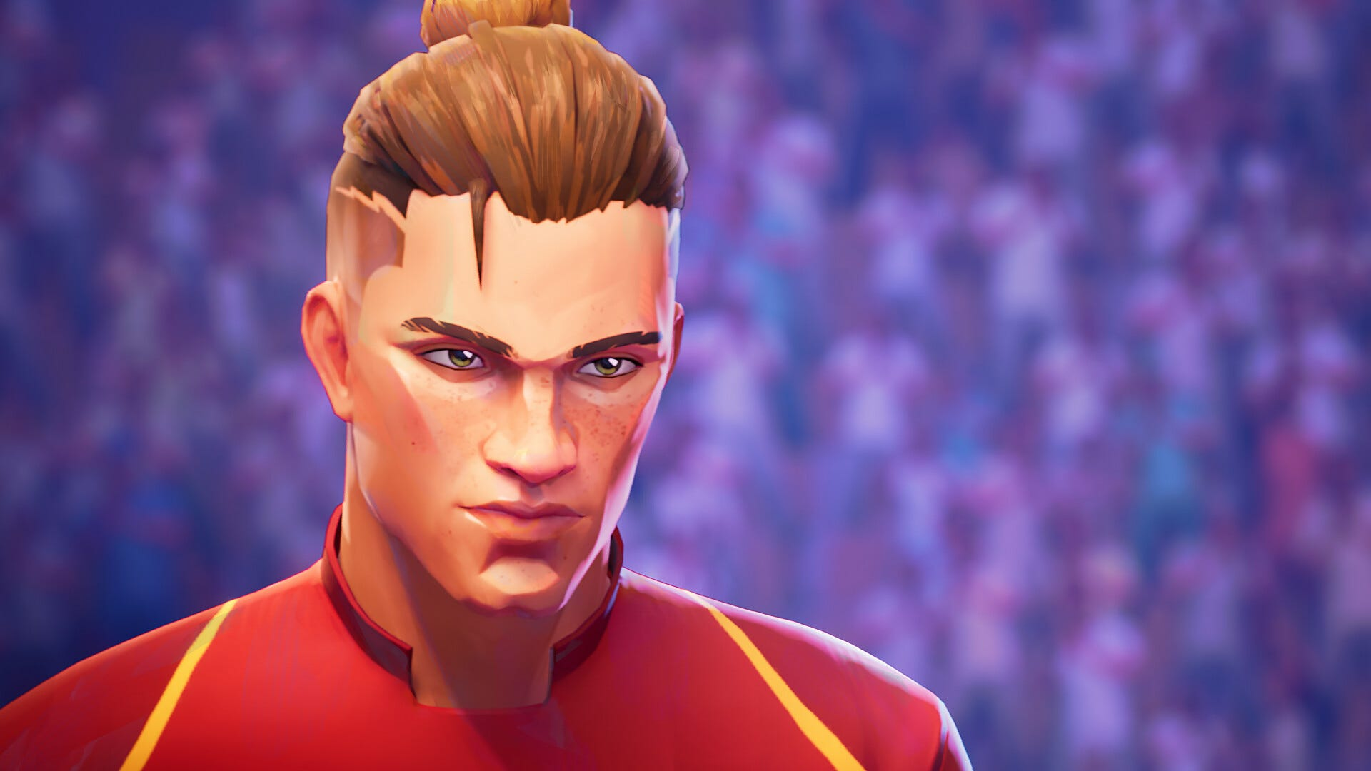 Personagem principal do jogo REMATCH com expressão séria em meio à torcida no estádio
