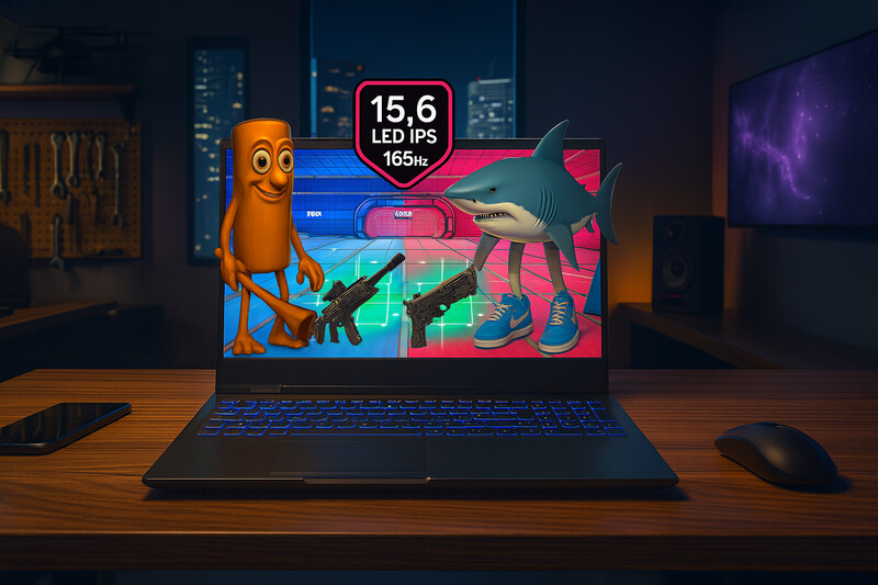 Laptop com personagens animados e armas em um jogo.