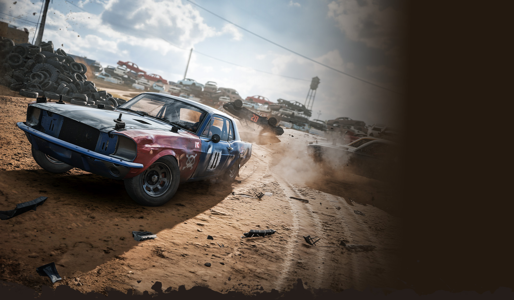 Carros se chocando em pista de terra durante corrida caótica em Wreckfest 2
