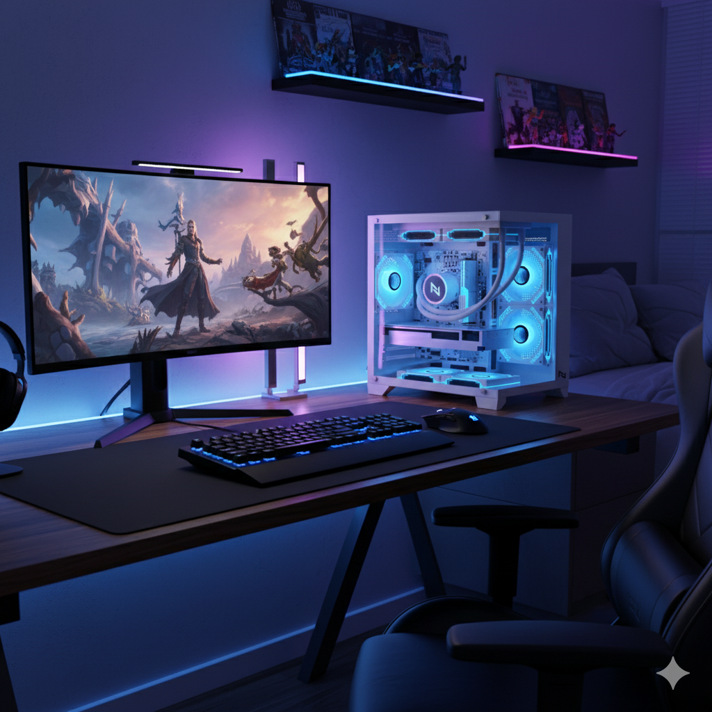 setup gamer todo branco com pc, monitor e periféricos iluminados